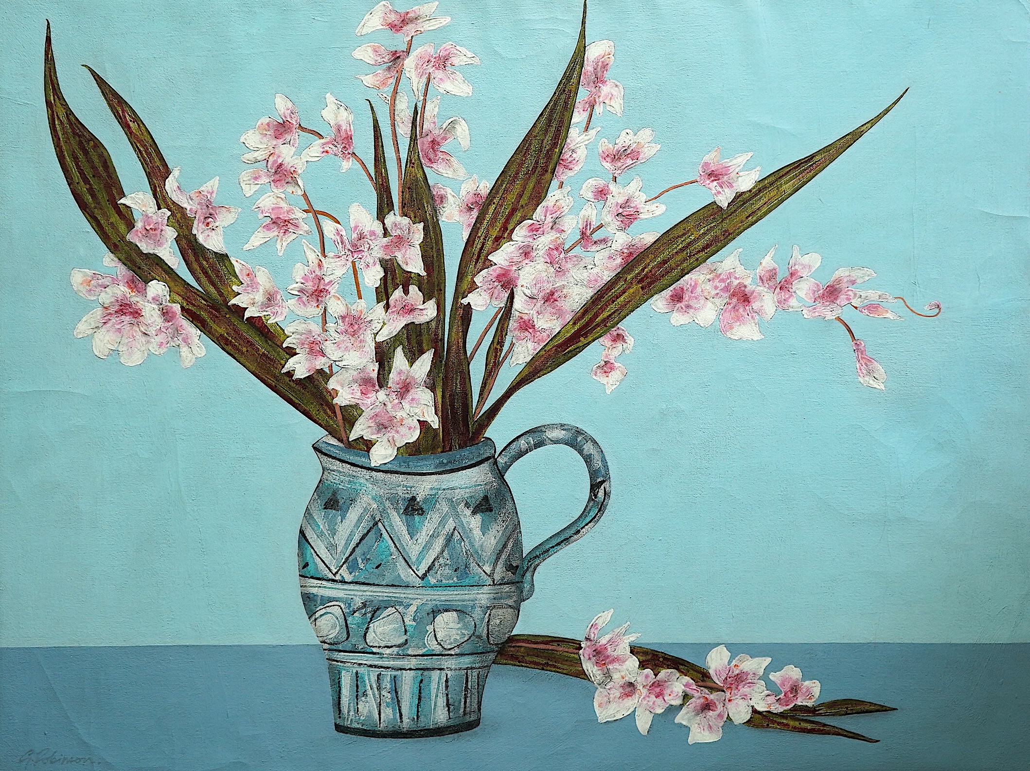 Geoffrey Robinson (English, b.1945), Still life of orchids in a vase, oil on canvas, 60 x 80cm